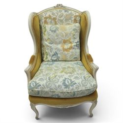 Pair of Louis the XV design white painted armchairs, upholstered in gold fabric with beige floral tapestry back and cushions
