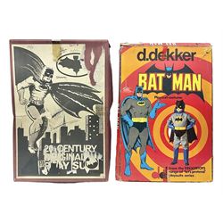 Two Boxed Batman Playsuit Costumes - 1960s 20th Century Original Play Suit, black eye mask, plastic vinyl cape/gauntlets, leather style belt, blue/yellow shirt, with Bat motif and blue/yellow pants; in original illustrated lidded box; and 1976 Decker Batman Playsuit costume, vinyl cape/ mask/gloves/boot tops/yellow belt, grey cloth top and pants; in original illustrated box (2)