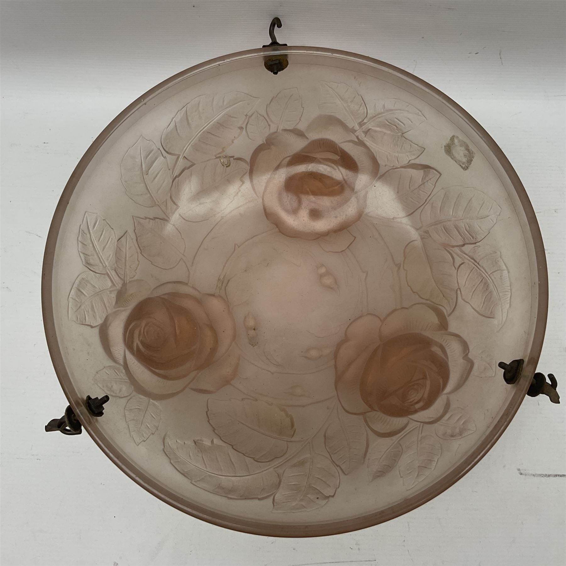 1930s pink frosted glass ceiling light shade, decorated with roses, D