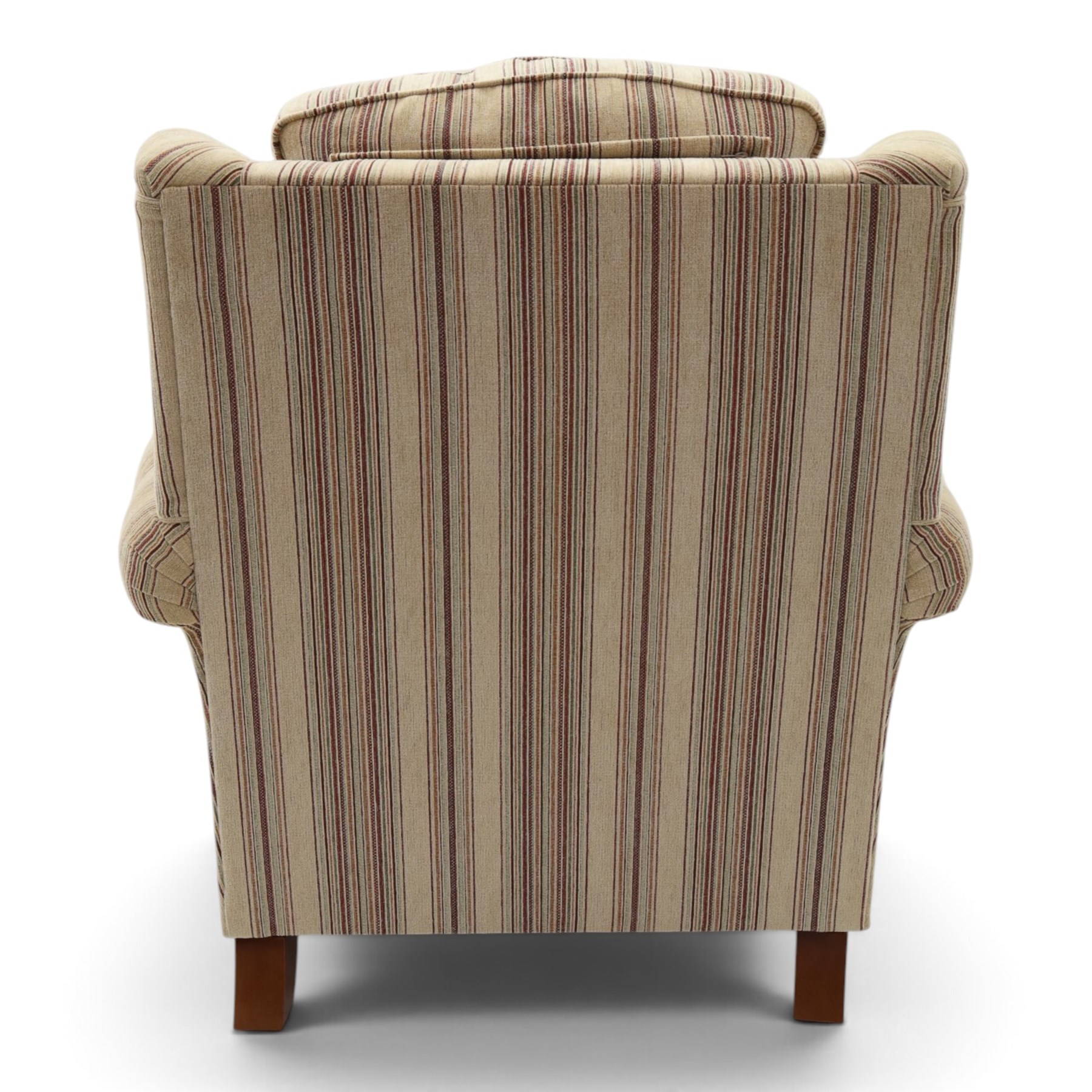 Parker Knoll - contemporary 'Henley' lounge suite comprising grande two seat sofa and wingback armchair, traditional wing shape over rolled arms and turned feet, upholstered in striped fabric