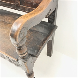  19th century oak hall bench, heavily carved panelled back, turned supports, W180cm  