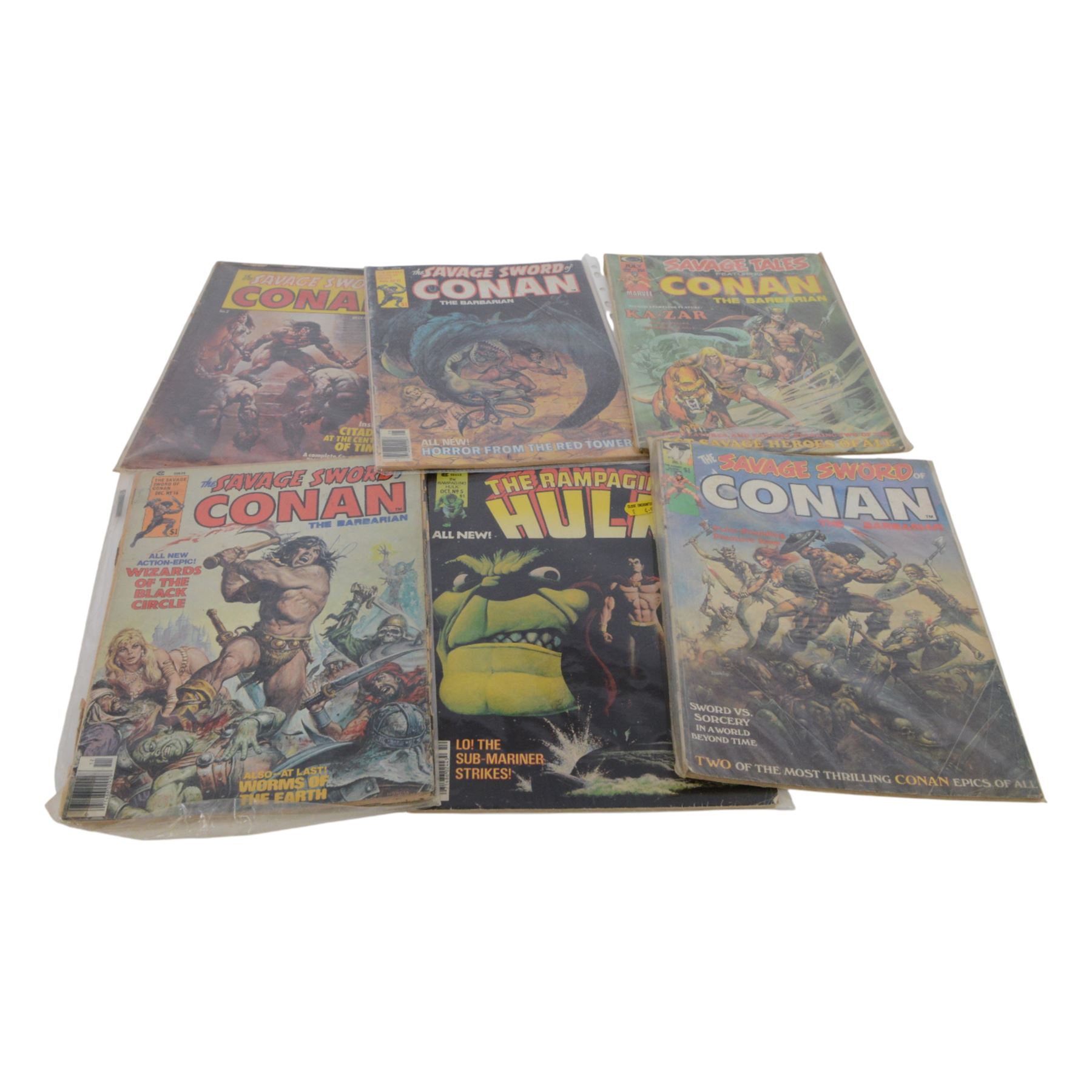 Eighteen Marvel and Curtis Conan the Barbarian comic books, spanning years 1974-1995, comprising 'Conan Classics' #1, #5, #6, #10, #11, 'Conan The Barbarian' issue #42, nine issues of 'The Savage Sword of Conan the Barbarian' issues #1, #2, #4, #9, #16, #21, #22, #24, and one other, 'Super Special The Savage Sword of Conan' and two 'Savage Tales featuring Conan The Barbarian', together with Curtis 'The Rampaging Hulk' #5, 'The Essential Hulk' vol.1 #1-6, X-Men Masterworks Vol. 1, 'Ghost Rider' direct edition, 'The Incredible Hercules', 'Strange Tales Featuring Warlock' #178, 'The Deadly Hands of Kung-Fu #29 and Marvel Graphic Novel 'Dreadstar' no. 3 (26)