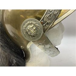 French Model 1913 mounted gendarmerie helmet; brass bodied with nickel mounts, chin strap, comb and horse-hair H27cm (no liner)