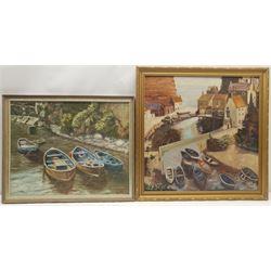 Fred G Wrigley (British 20th century): 'Staithes Beck', oil on board signed and dated '79, titled verso 40cm x 50cm; Jeanne Mori (British 20th century): Staithes, oil on board signed and dated '78, artist's York address verso 50cm x 50cm (2)