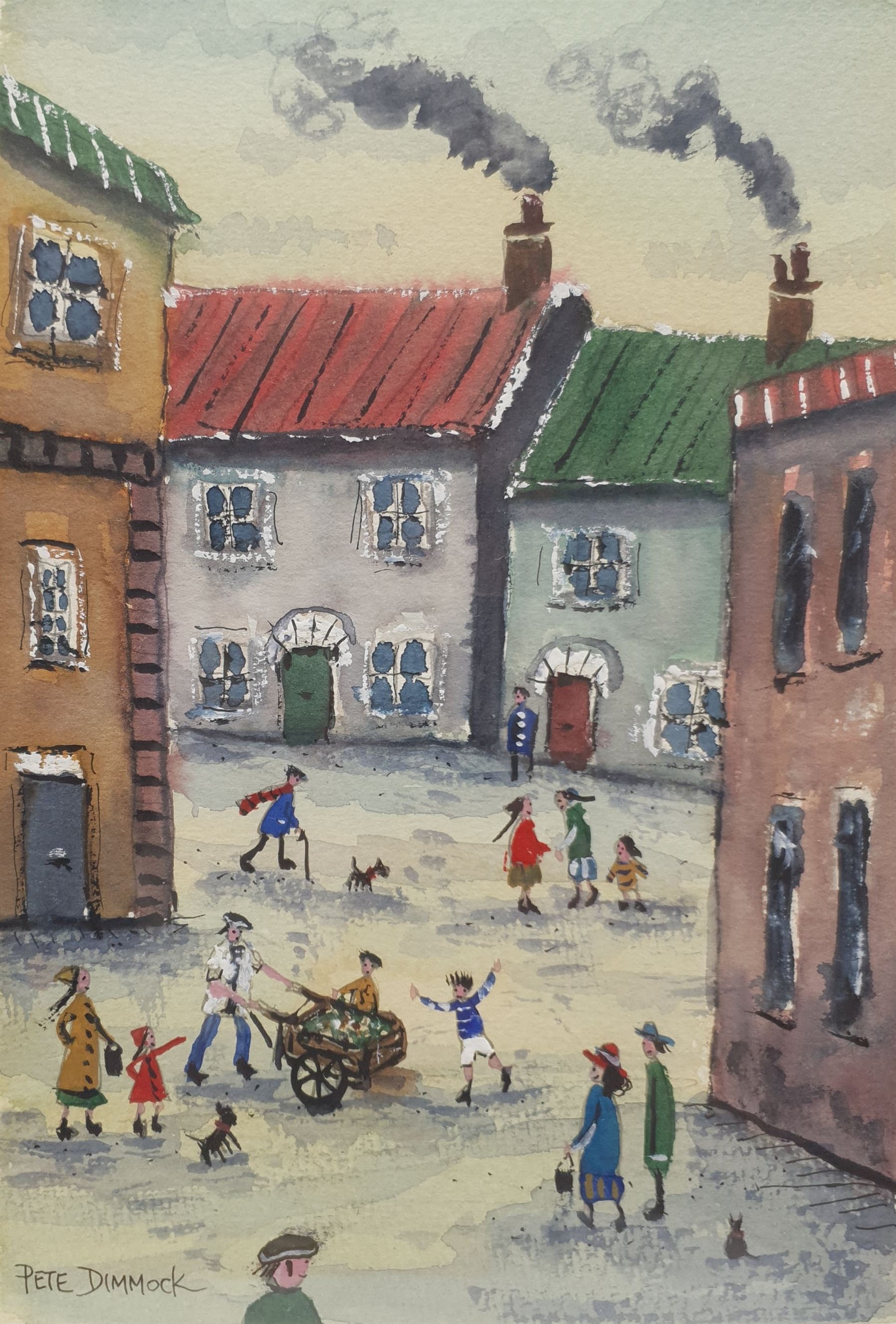 Pete Dimmock (Northern British Contemporary): 'Street Dog Cart Kids Cat', watercolour signed 26cm x 18cm