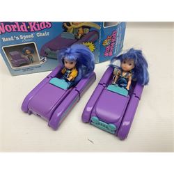 Wish World Kids - Eleven play sets comprising Treats ‘n Sweets Refrigerator, Grin ‘n Win TV, Sponge ‘n Plunge Bathtub, Socks ‘n Locks Dresser, Spice ‘n Slice Stove, Sleep ‘n Leap Bed, File ‘n Smile Desk, Blaze ‘n Braise Fireplace, Hear ‘n Cheer playset in Sponge ‘n Plunge box, two Read ‘n Speed Chair playsets in one box