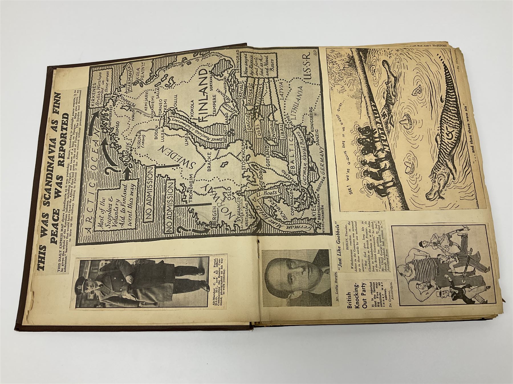 Album of WWII era paper ephemera, to include cartoon illustrations by George Goodwin Butterworth and Clive Uptton, articles and photographs