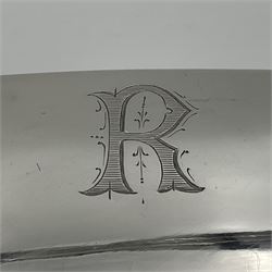 1920s silver twin-handled pedestal bowl, of navette form with twin bifurcated acanthus capped scroll handles, engraved with initial R to body and upon spreading oval foot, hallmarked Hawksworth, Eyre & Co Ltd, Sheffield 1925, including handles H21.8cm