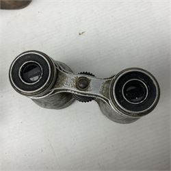 Mundial Brazil bowie knife, the 15.5cm steel blade inscribed 'Sheriff Knife', with banded and aluminium hilt; in leather sheath L29cm overall; British Army felt covered metal water bottle with webbing strap; leather 12-bore cartridge belt; and small pair of non-military binoculars in part case (4)