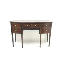 Late 19th century mahogany bow front sideboard,  one long and one short drawer, one faux drawer door, square tapering supports on spade feet