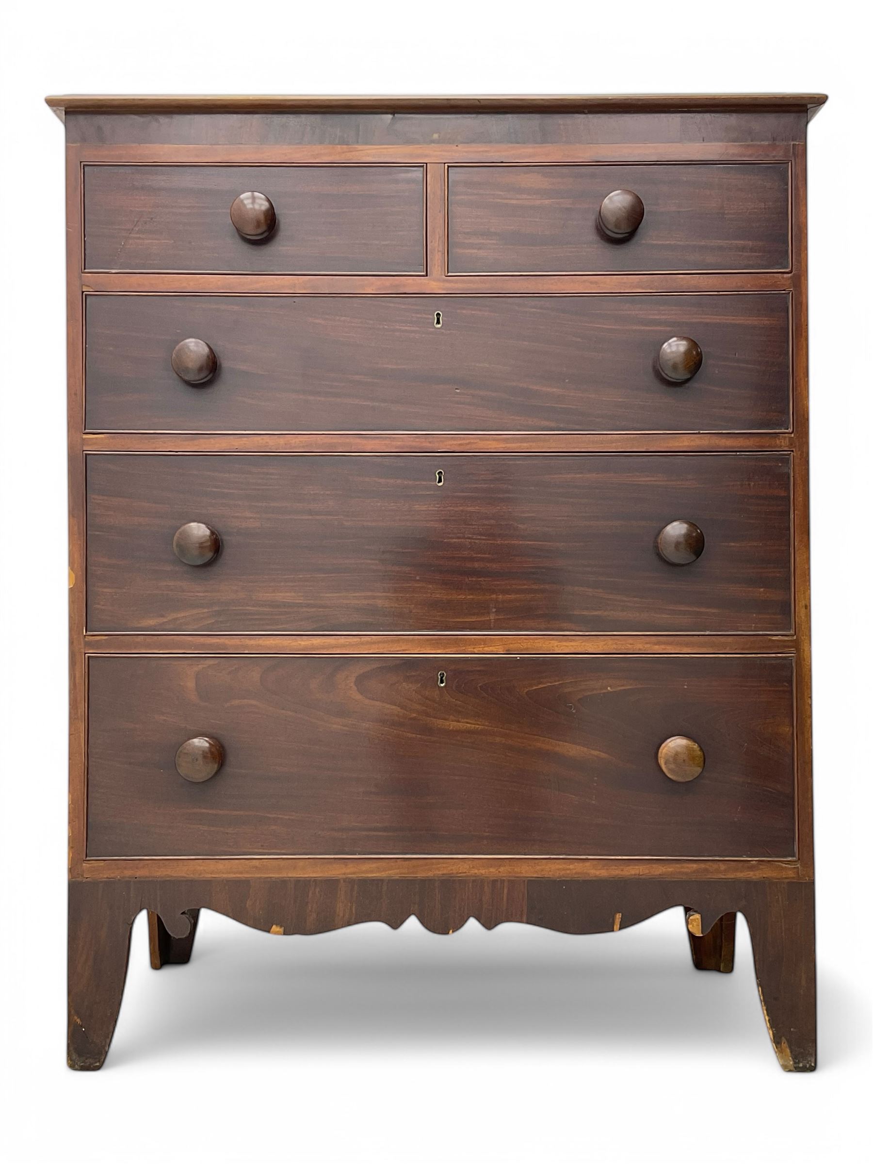 Victorian mahogany chest, rectangular top with moulded edge over two short and three long cockbeaded graduated drawers, on shaped bracket feet
