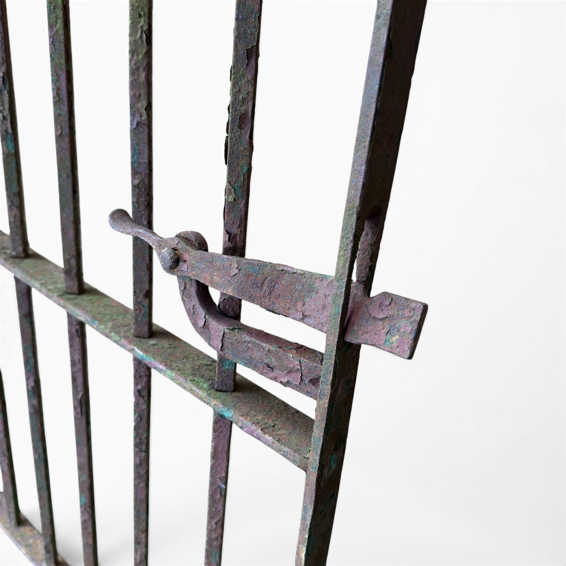 19th century wrought iron hand gate, with hinge loops and latch, square diamond fit rails, pointed finials