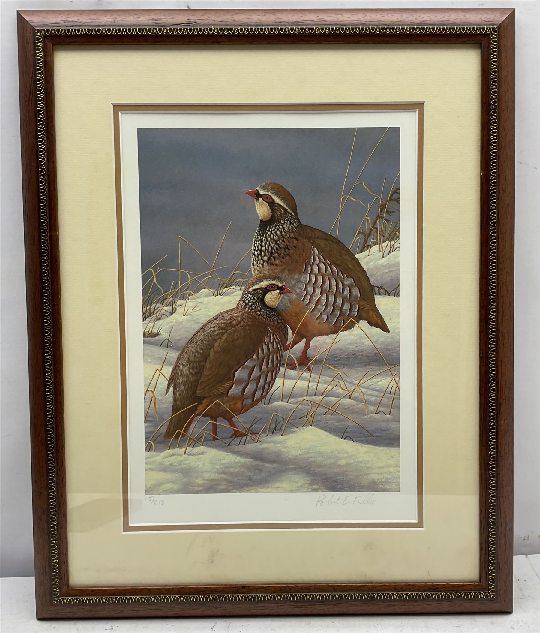 Robert E Fuller (British 1972-): Red Legged Partridges in Snow, limited edition colour print signed and numbered 15/850 in pencil 30cm x 22cm
