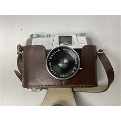 Collection of cameras and lenses, to include Pentax Program A camera body, serial no 123759, with 'Pentax-A zoom 1:3.5-4.5 28-80mm' len, Praktica EE2 camera body with 'Pentacon electric 1.8/50' lens etc, together with a Manfrotto tripod 