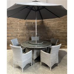 LeisureGrow circular rattan garden table, with lazy Susan, five armchairs with cushions, parasol and weighted base, with glass tops