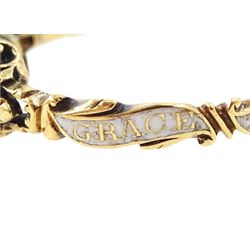 George II 18ct gold amethyst and enamel mourning ring, single cushion cut amethyst, with foiled and glazed back, to pierced fleur-de-lis shoulders, the white enamelled shank engraved Grace Hutchinson OB: 13 Dec: 1756