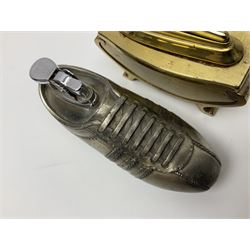 Ronson gilt metal table lighter, together with a silver-plate table lighter in the form of a football boot