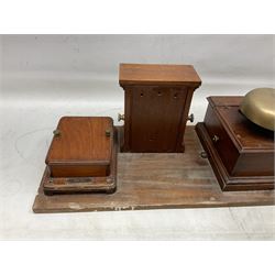 Railway signal boxes, mounted on plinth, with railway block indicators for Up Line and Down Line, having an electromagnetic indicator showing 'Train on Line' 'Line Clear' and 'Line Blocked', and brass signal bell to the centre, L100cm
