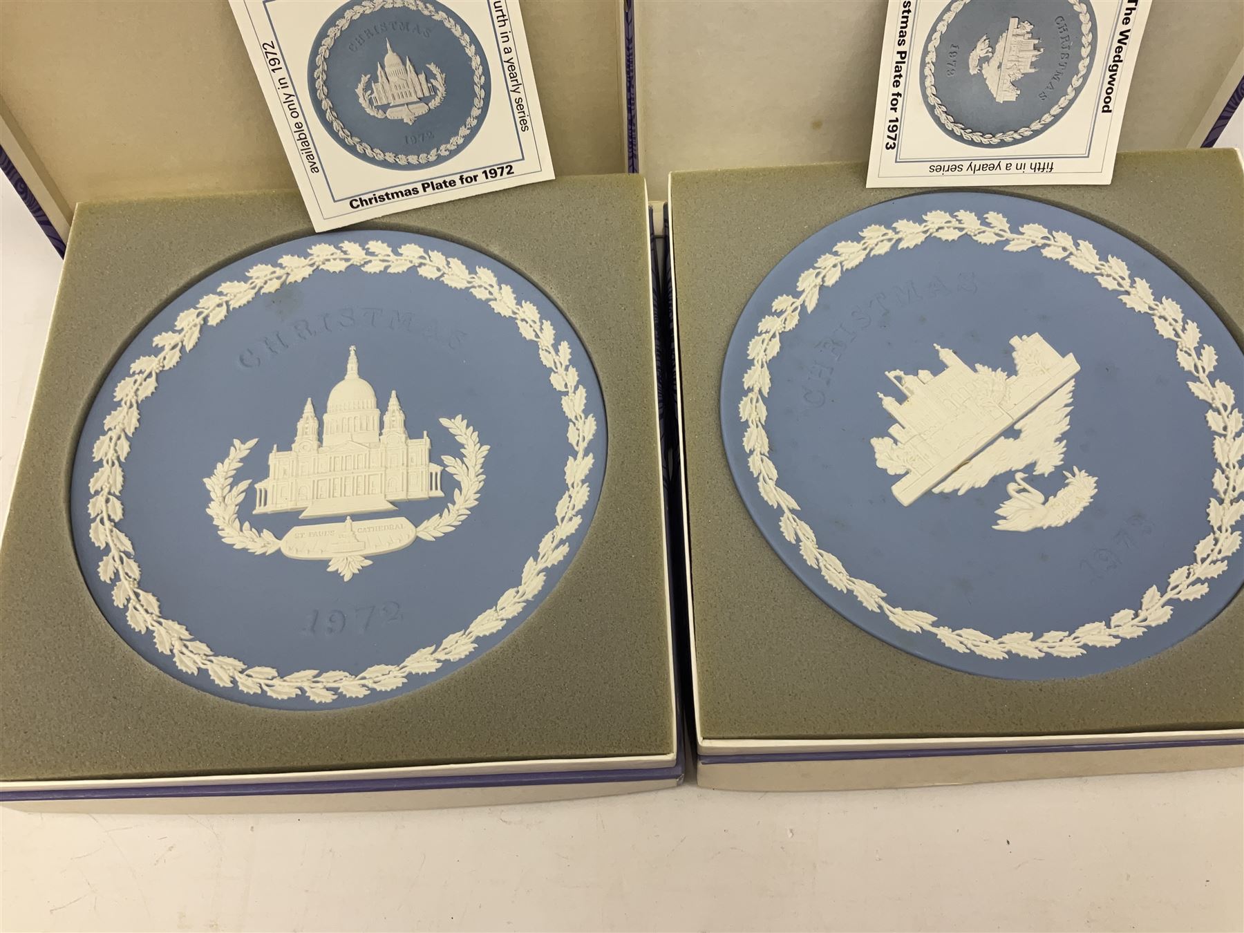 Eleven Wedgwood Jasperware Christmas collectors plates London Landmarks, comprising 1969 Windsor Castle, 1970 Trafalgar Square, 1971 Piccadilly Circus, 1972 St Pauls Cathedral, 1973 Tower of London, 1974 House of Parliament, 1975 Tower Bridge, 1976 Hampton Court, 1977 Westminster Abbey, 1978 Horse Guards and 1979 Buckingham Palace. all in original boxes  