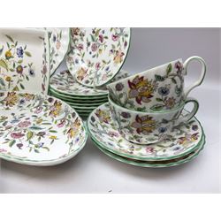 Minton Haddon Hall pattern tea wares, to include eight teacups and saucers, eight dessert plates, cake plate, eight side plates, etc (38)