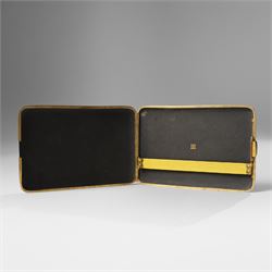 Japanese Meiji Damascene cigarette case, the exterior decorated with the procession of a feudal lord, W12cm 
