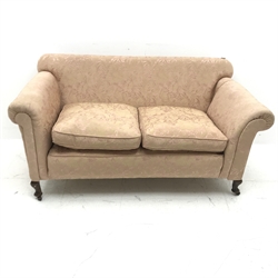 Early 20th century drop arm two seat sofa, scrolling arm, cabriole legs, W165cm