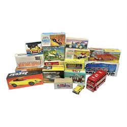Fifteen tinplate models of vehicles to include Chinese Q.S.H. MF 804 International Express Locomotive, MS 702 Motorcycle, MS 709 Motorcycle with sidecar; ME 699 Fire Chief, MS 453 Bugatti T-35 Racer etc; Lemezáru Gyár Jaguar; two similar plastic examples from 21 Toys; boxed and loose 