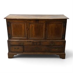 18th century oak hall cupboard, rectangular top with moulded edge, over two panelled hutch...