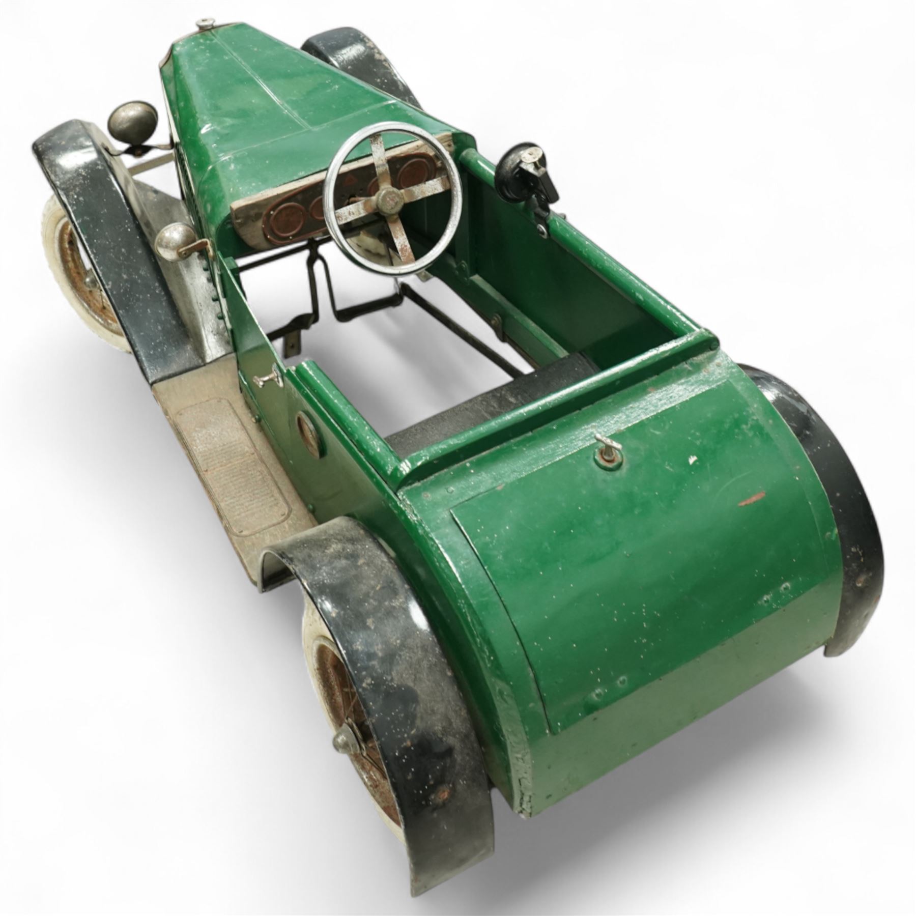 Lines Brothers Ltd. for Triang - 1920s/1930s children's open tourer pedal car, modelled as a Vauxhall, with 'British Racing Green' paintwork, body on metal chassis with toolbox to side and opening rear trunk 
