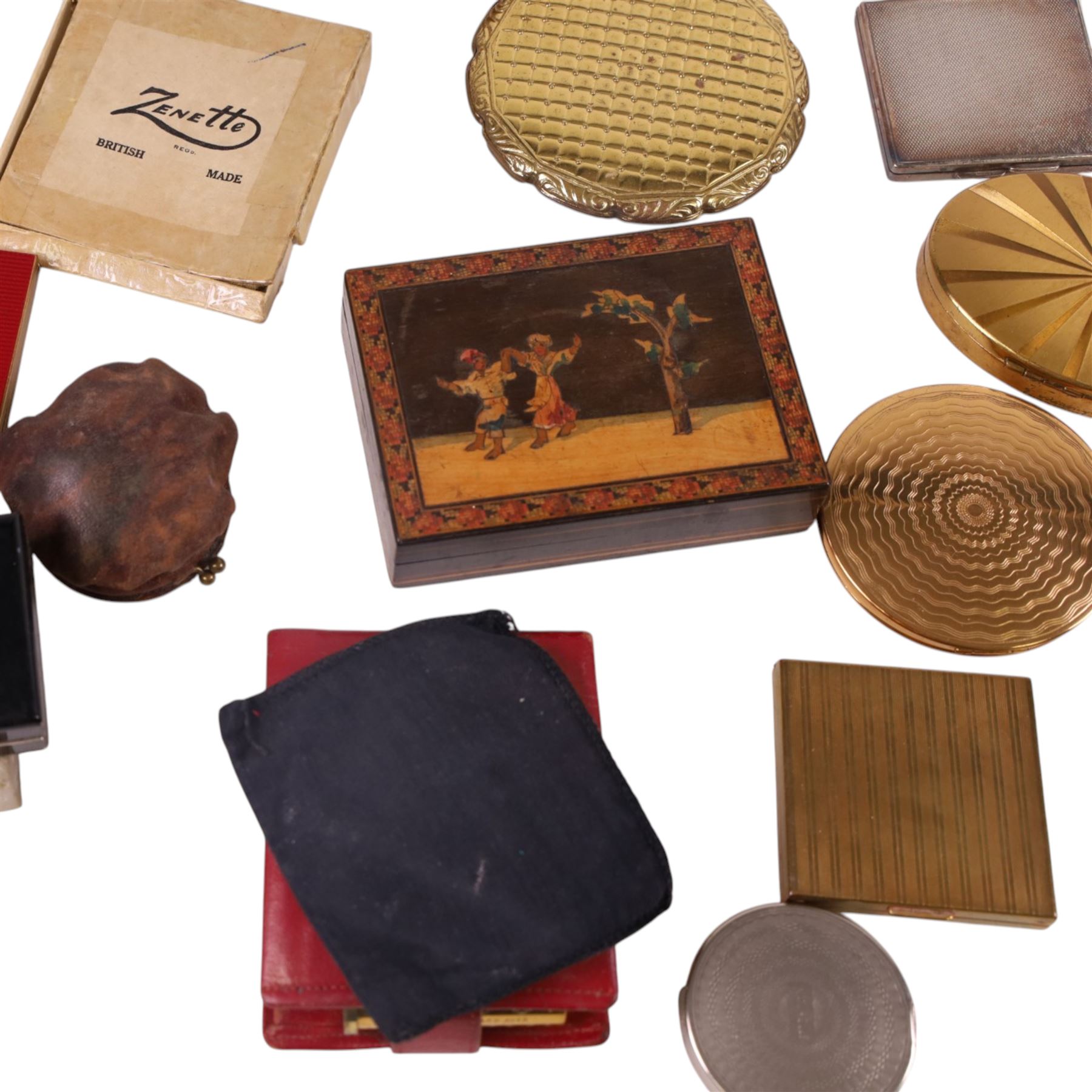 Collection of vintage compact mirrors, pill boxes and vanity cases, including Agme, Coty and Flamingo examples