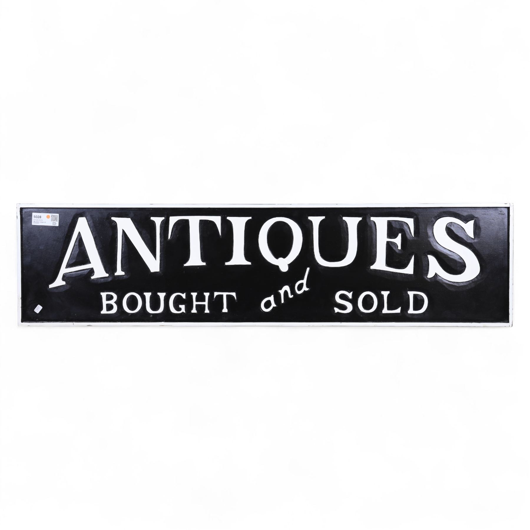 Wooden reproduction advertising sign Antiques bought and sold, H30cm, L120cm