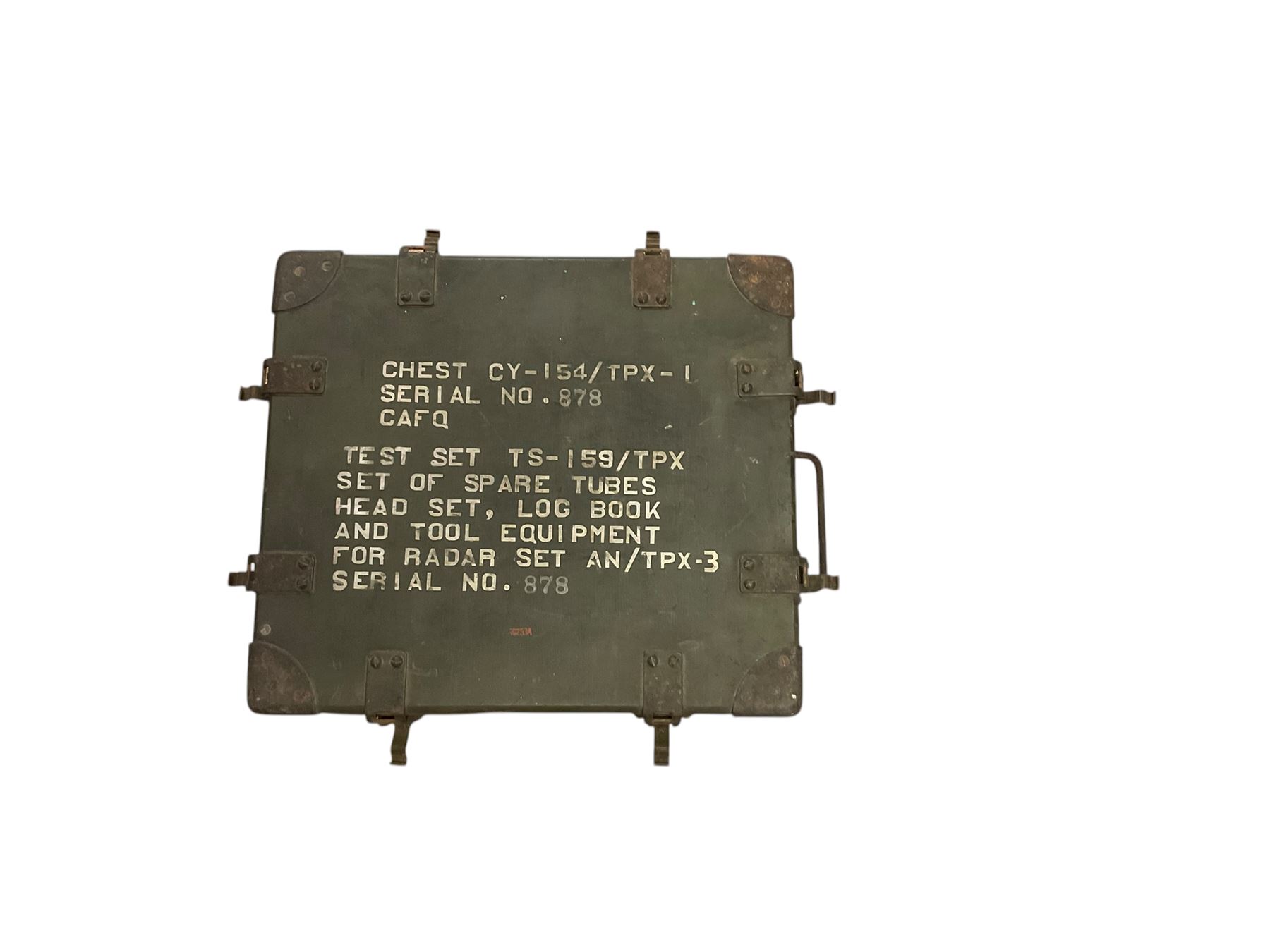 Wooden chest with metal clasps, the top marked 'Chest CY-154/TPX-1 Serial No.878 CAFQ .....' H30cm, W41cm