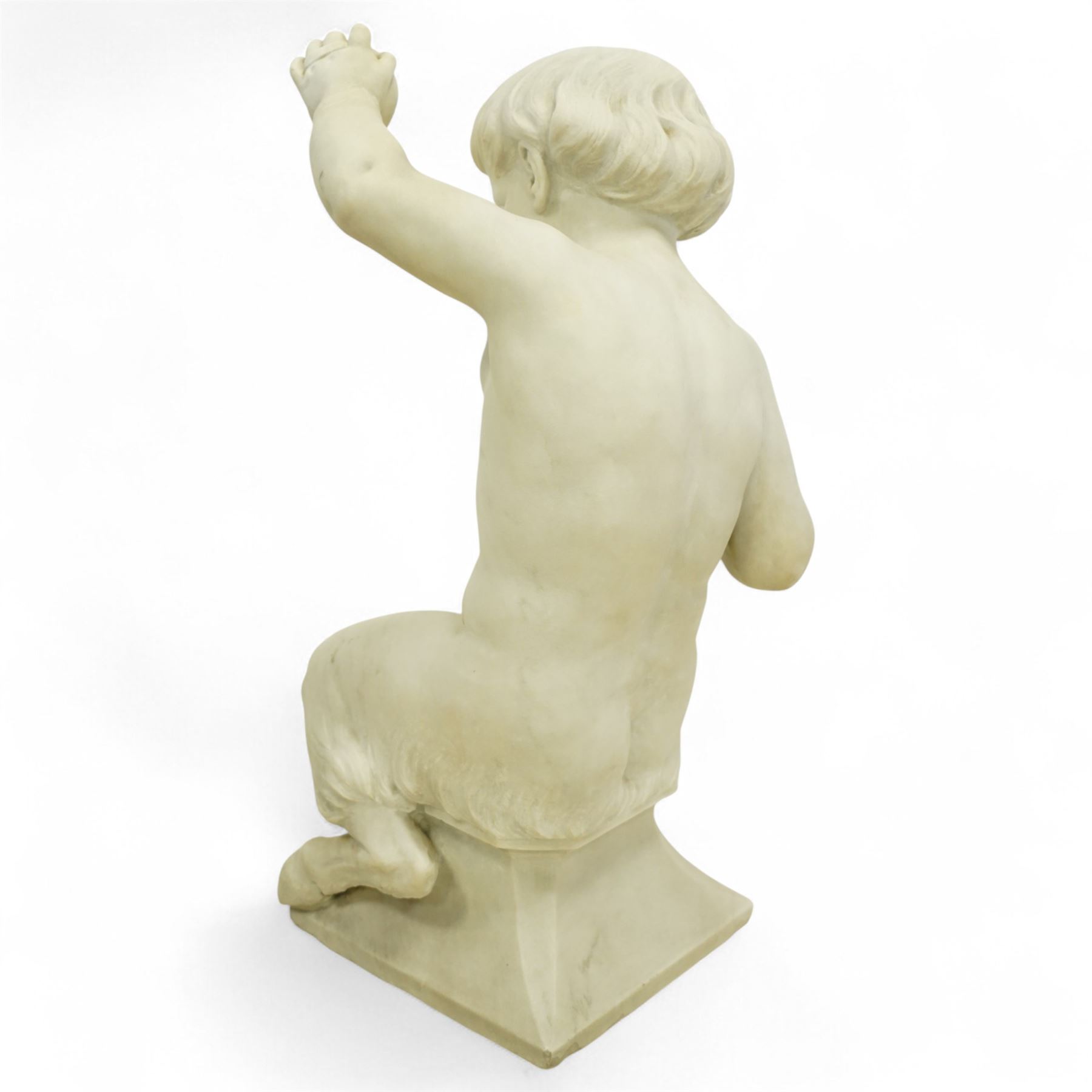 Follower of Claude Michel Clodion (French 1738-1814): The Putti-Faun Orchestra - set of four Italian carved white marble figures of child satyrs as musicians, each finely carved figure depicting a seated putto-faun with youthful features and small goat’s legs and cloven feet, variously playing rustic instruments: a syrinx (Panpipes), a flute, a tambourine and clappers - each raised on an integral waisted square plinth, Italian, circa 1900

Provenance: Kirkham Hall

Notes: Inspired by the rustic god Pan and his followers, these putti-fauns reflect the late-19th-century revival of classical themes popular with Grand Tour collectors; their instruments evoke the god Pan’s pastoral music, while the carving and  composition exemplify the appeal of bacchic subjects in the Italian neoclassical tradition
