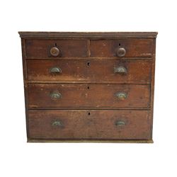 19th century stained pine straight-front chest, fitted with two short and three long drawers
