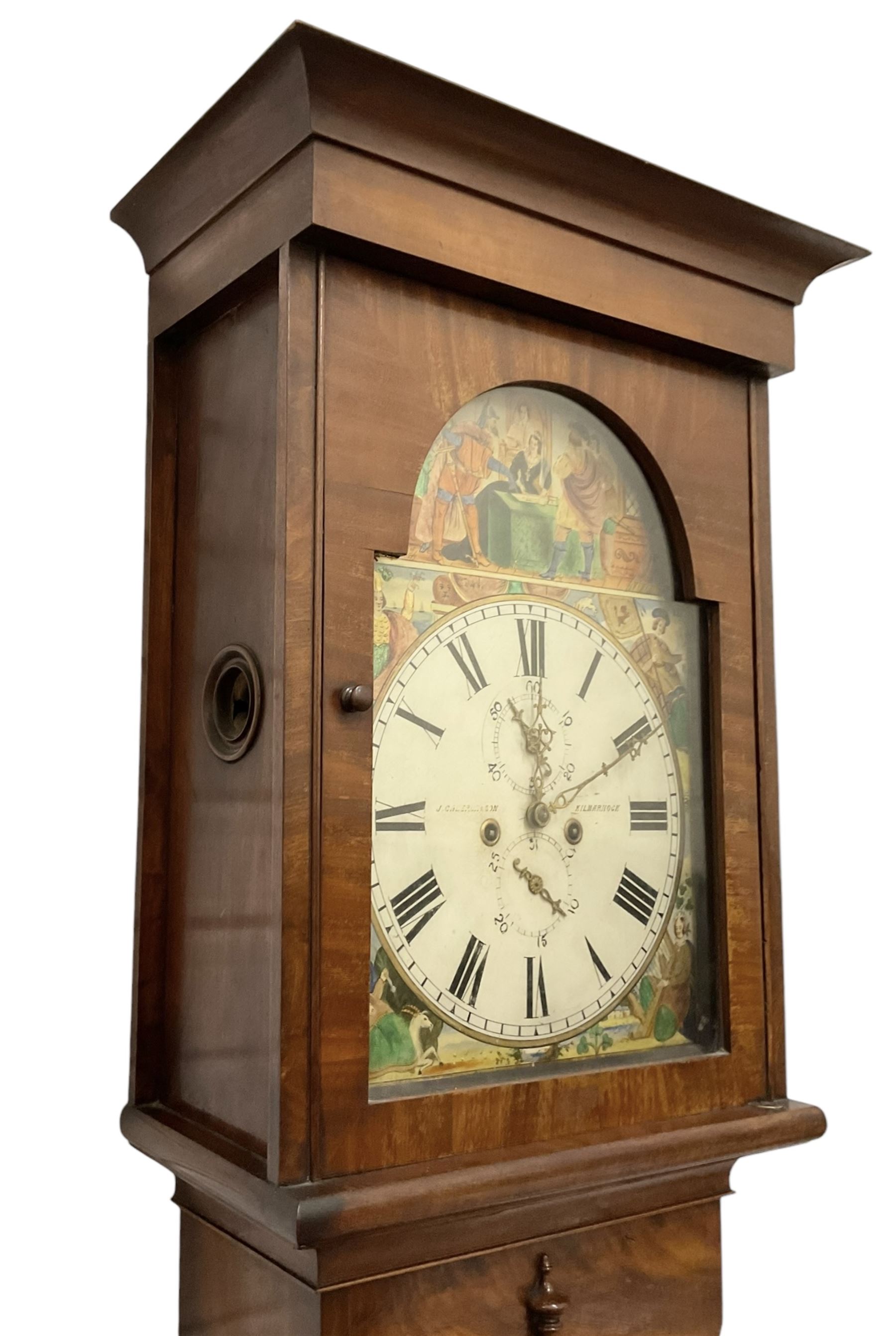 John Cameron & Son of Kilmarnock - late 19th century mahogany longcase clock c1870, with a flat topped pediment and blind frieze beneath, rectangular break arch hood door and sound frets to the hood sides, trunk with canted corners and a convex door with cushion mouldings, on a square plinth raised on turned bun feet, painted dial with a depiction of the abdication of Mary Queen of Scots to the arch and the four regions of the united Kingdom to the spandrels, with Roman numerals, minute track, date and seconds dials and stamped brass hands, dial pinned to a rack striking movement, striking the hours on a bell. With weights and pendulum. 