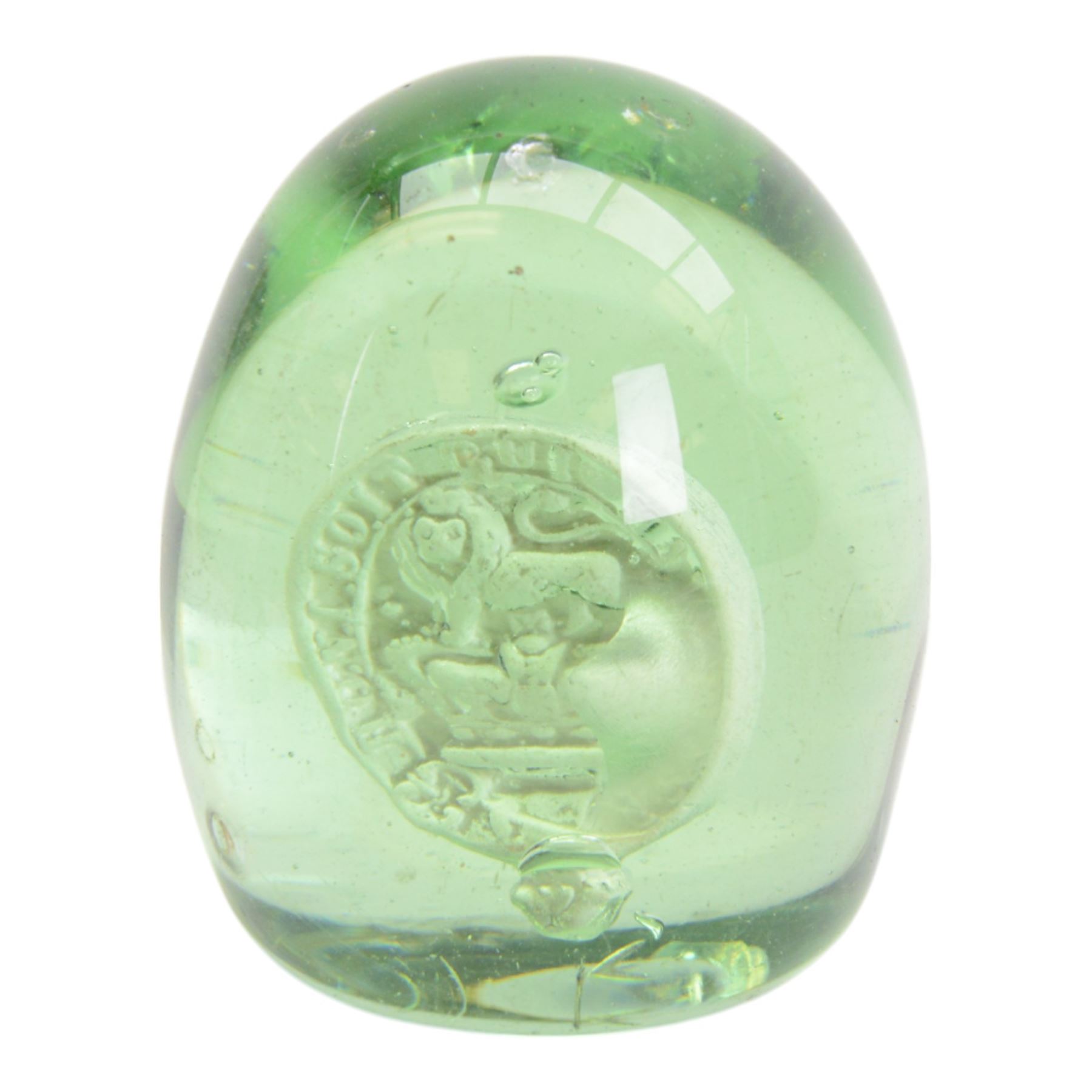 Three Victorian green glass dumps, two internally decorated with a bust profile of William Ewart Gladstone and one with a medallion to the centre, tallest H10cm