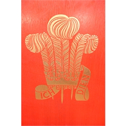  'Red Chair' of the investiture of the Prince of Wales, Prince Charles at Caernarfon Castle on July 1 1969, beech wood frame, olive ash veneer, vermilion red with the Prince of Wales feathers, manufactured by disabled workers at the Remploy factory, Bridgend, W54cm  