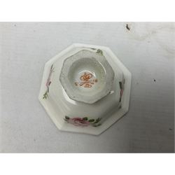 Mid 19th century Stevenson and Hancock Derby octagonal footed dish, painted with a centralised band of roses amongst gold trellis border, with painted S H and crossed baton marks in red marks beneath, together with a pair of Crown Devon Fieldings ewers, dish D8.5cm