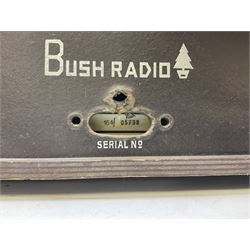 1950s Bush AC41 mahogany cased valve radio, 1930s Philips 588A with walnut veneer case, and 1940s Cossor Model 77, tallest H47cm W36cm D24cm