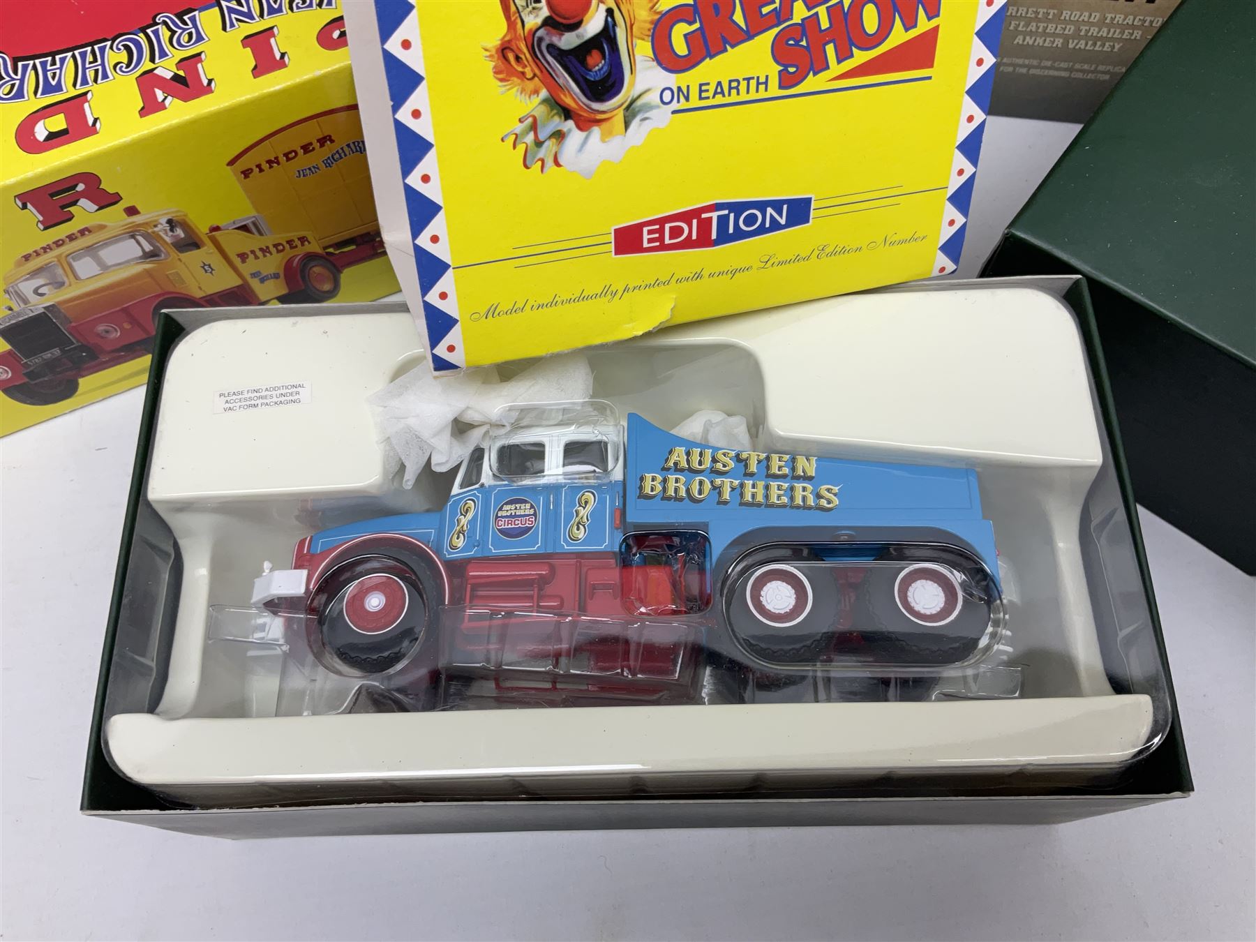 Corgi - 16801 Pinder Jean Richard Scammell Highwayman with two animal cages; CC12303 Premium Edition Scammell Contractor Austen Bros.; 80307 limited edition Vintage Glory Garrett Road Tractor and Flatbed Trailer; 09802 ERF 8 Wheel Rigid with load; 98459 White Soda Truck; and two Tesco lorries; all boxed (7)