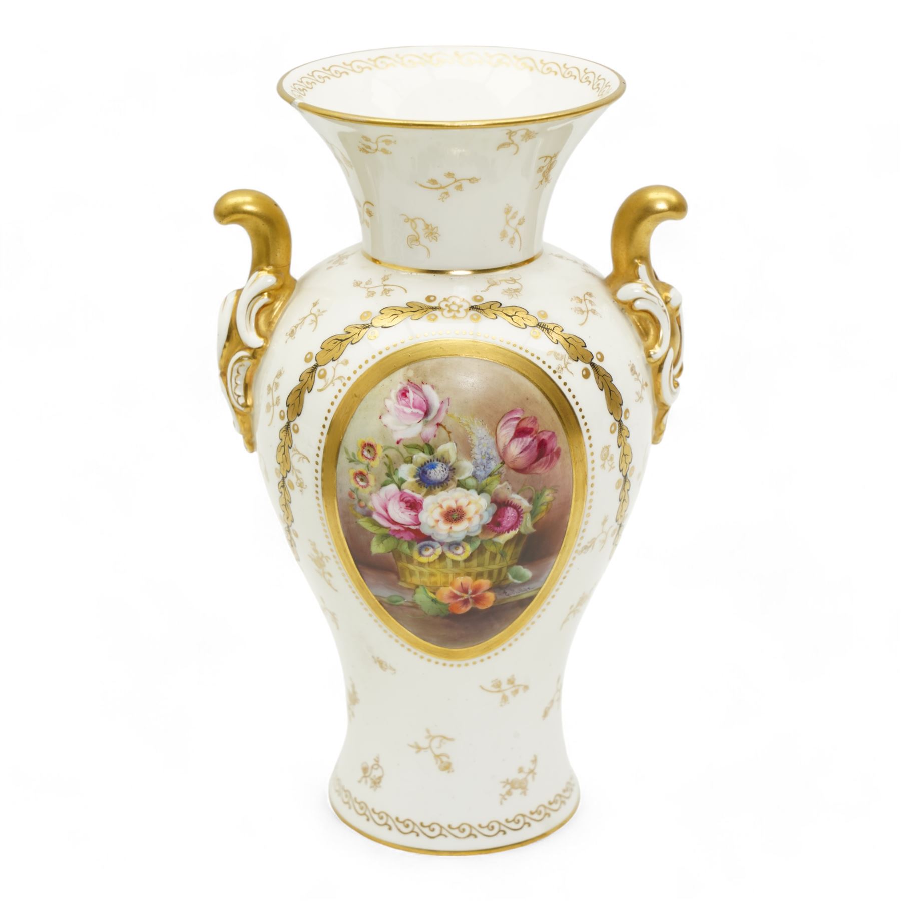 Early 20th century Royal Worcester porcelain twin handled vase, circa 1910, painted with a basket of flowers by Ernest Phillips, within an oval gilt border, the plain ground decorated with gilt sprigs and trailing oak leaves, signed, printed marks beneath, H21.5cm