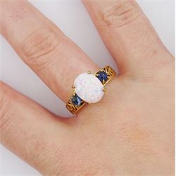 9ct gold three stone opal and sapphire ring, hallmarked