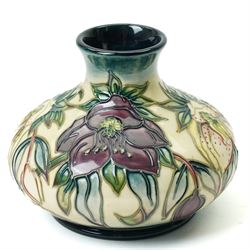 Moorcroft Hellebore pattern vase, of squat baluster form, with impressed and painted marks...