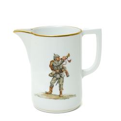 Nymphenburg coffee set painted with WWI military scenes after Hans Kratzer, comprising six coffee cans and saucers, coffee pot, cream jug and covered sugar bowl