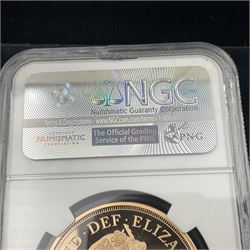 Queen Elizabeth II 2015 gold proof five sovereign coin, encapsulated and graded by NGC 'PF 70 Ultra Cameo one of first 250 struck'