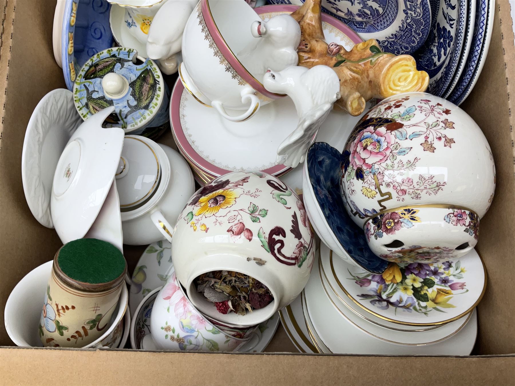 Set of four contemporary Mosa Holland tiles, three further tiles, Grayshott pottery clock, motto ware teacup and saucer, jug and mug, Royal Albert Old Country Roses, Chinese mud men figures, Spode etc and Quantity of ceramics and glassware to include art glass vase, Royal Grafton, Royal Doulton and Colclough dinner wares, Poole, copper lustre, vases etc in six boxes