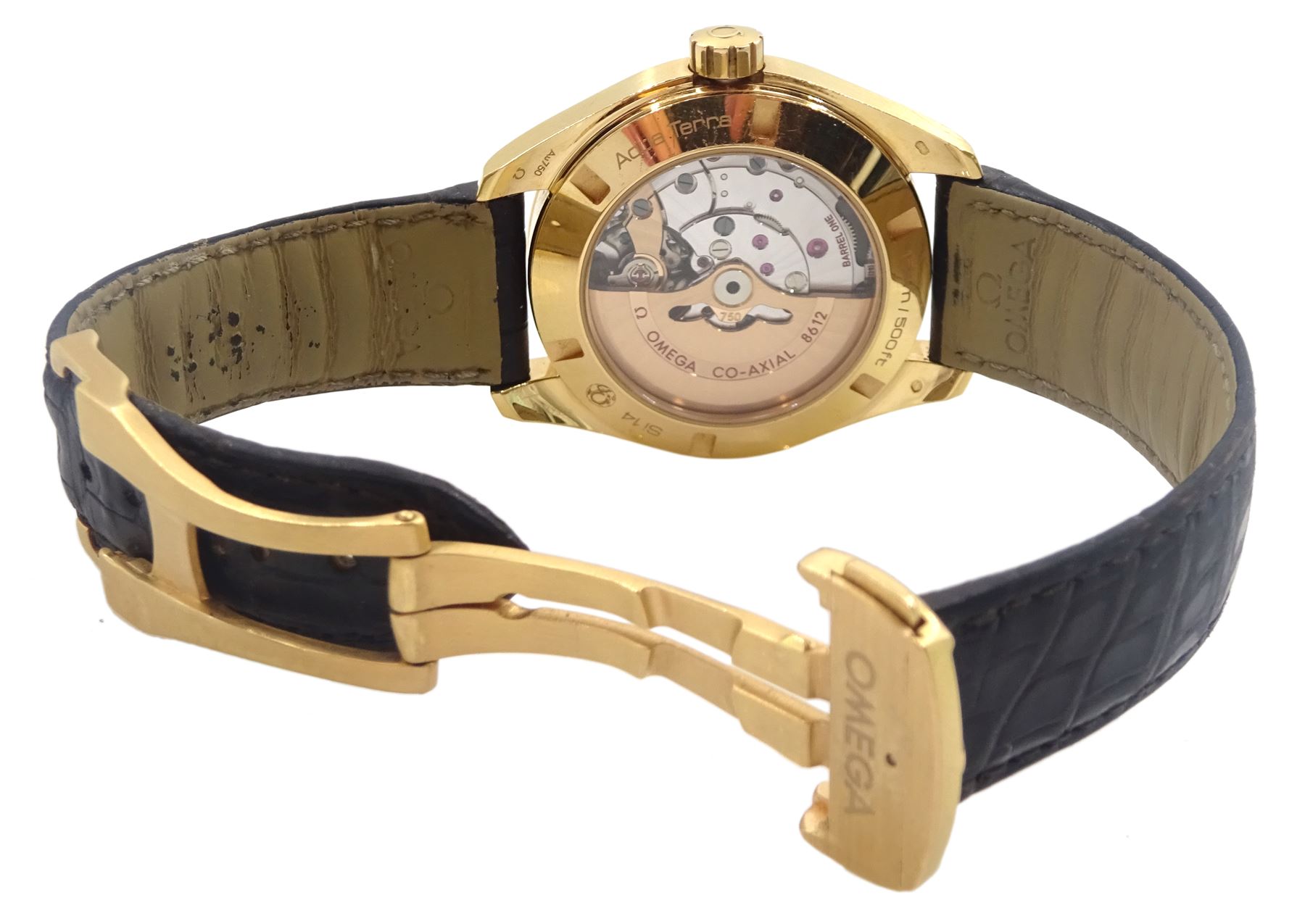 Omega Seamaster Aqua Terra 150M Co-Axial Chronometer Day-Date 18ct gold wristwatch, Cal. 8612, serial No. 86569172, on original black leather strap with 18ct gold fold-over clasp, boxed with certificate and warranty 2016