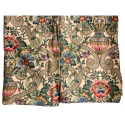 Two pairs of lined curtains, ivory ground fabric decorated with jardinieres of flowers spaced by scroll motifs, W329cm, fall 237cm (2)