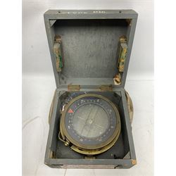  WWII period Type P10 aircraft compass, 16.5cm diameter brass rim marked “Type P10” and “No 1130B”, spring mounted onto brass base with Air Ministry plate marked “Crown A.M. No 6A.1671”; in original grey painted wooden box