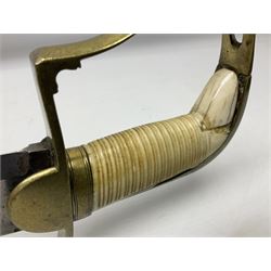 British pattern 1796 Light Cavalry Officer's sword, the 83.5cm curving steel blade marked 'W. Parker London' and 'Warranted' verso, brass stirrup hilt with half-round langets, knucklebow and backstrap with ribbed ivory grip; in brass mounted leather covered scabbard with two suspension rings L97cm overall. This item has been registered for sale under Section 10 of the APHA Ivory Act 